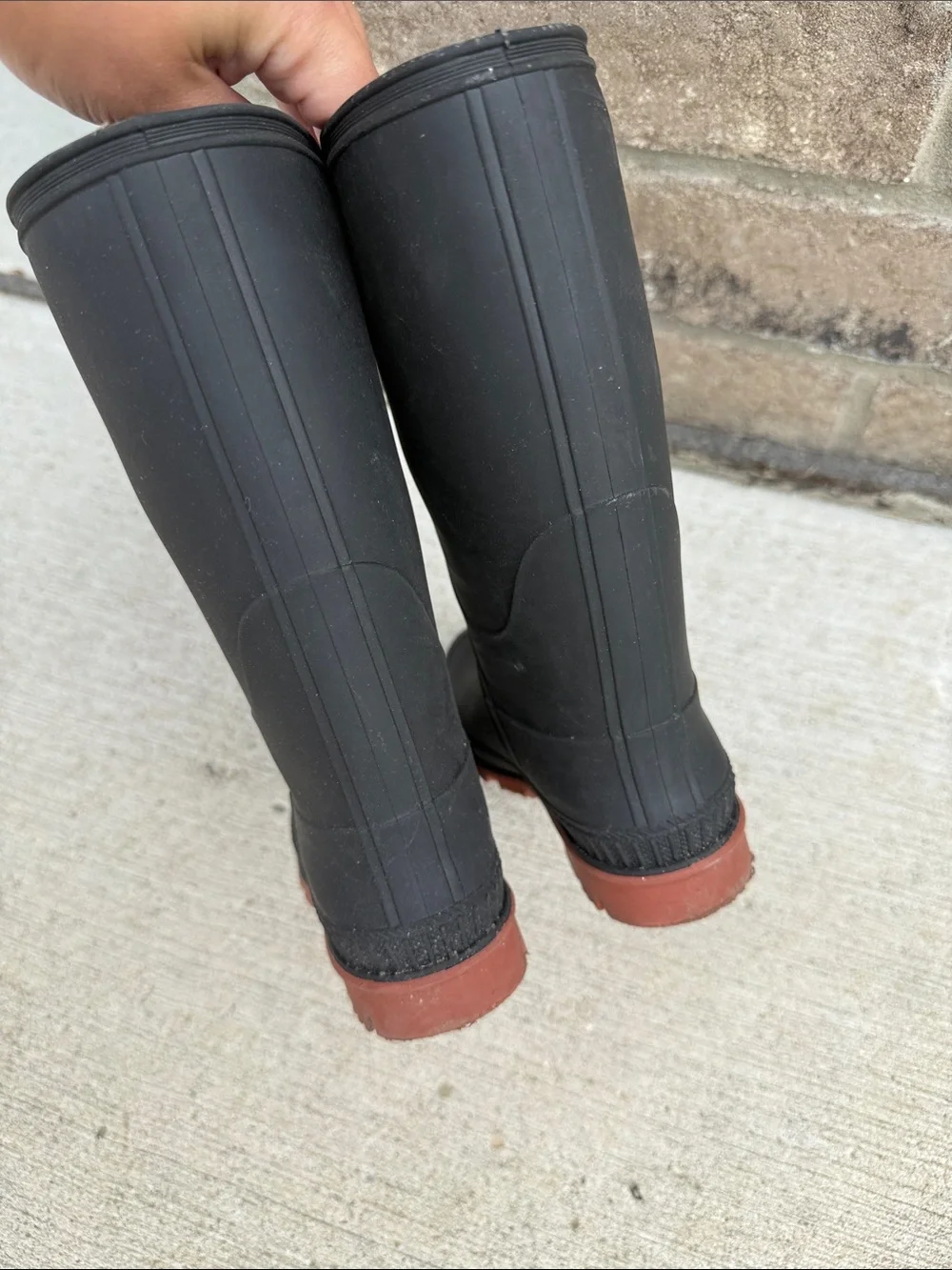 Black Rubber Rain Boots with Brown Soles